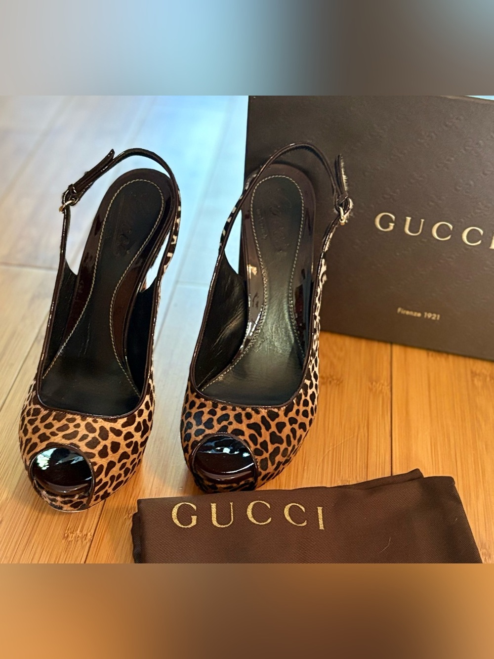 Rare Real Pony Hair Gucci Leopard Print Peep-Toe Slingback Heels 9.5 $1200 CAD